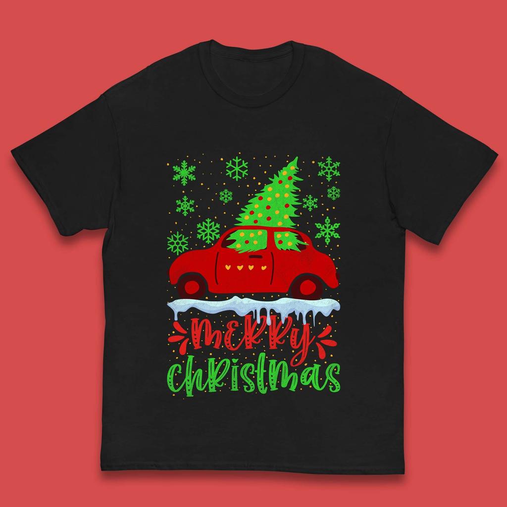 Merry Christmas Red Car Kids T Shirt Christmas Tree Top