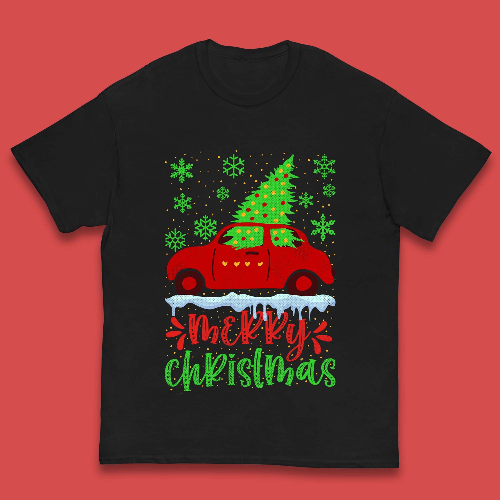 Merry Christmas Red Car Kids T Shirt Christmas Tree Top 140