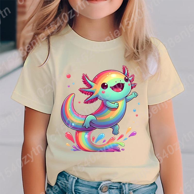 Axolotl Graphic Print Creative T-Shirts, Soft Comfy Crew Neck Short Sleeve Tee, Girls' Summer Tops