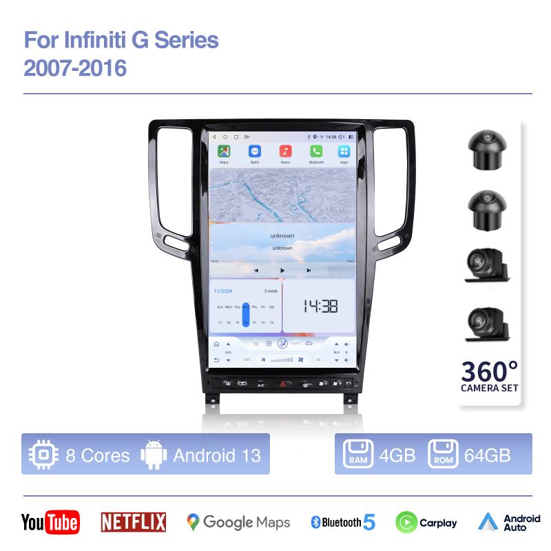 14.5" Car Multimedia For Infiniti G Series 2007-2016 Video Player GPS Navigation Radio Android 13 Carplay 4G 360 camera