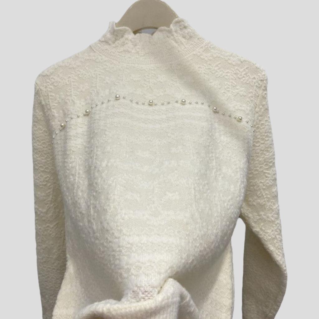 Women's Jacquard Knit Sweater Autumn Winter  Soft Warm Beads Slim-fit Pullover Knit Top Stretch Knit Sweater