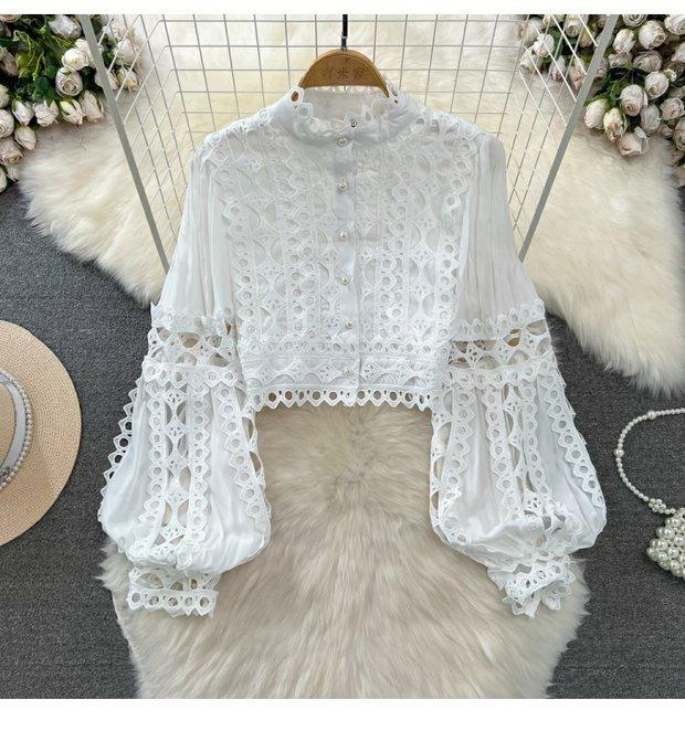 Damenmode Retro Hofstil Laternenkragen Hohlspitze Hohe Taille Rock Anzug