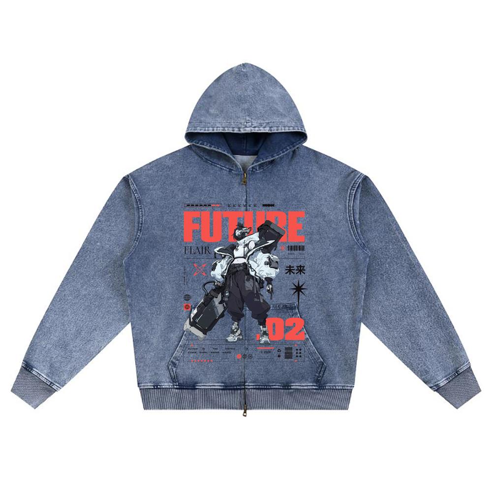DTG Print Knitted Denim Zip-Up Hoodie Future Flare Brother Print Zipper Hoodies  