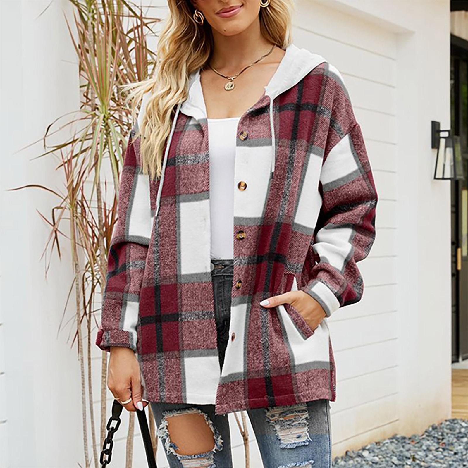 

Женская повседневная модная куртка с капюшоном, клетчатая шерстяная рубашка с цветными блоками, куртка L винный