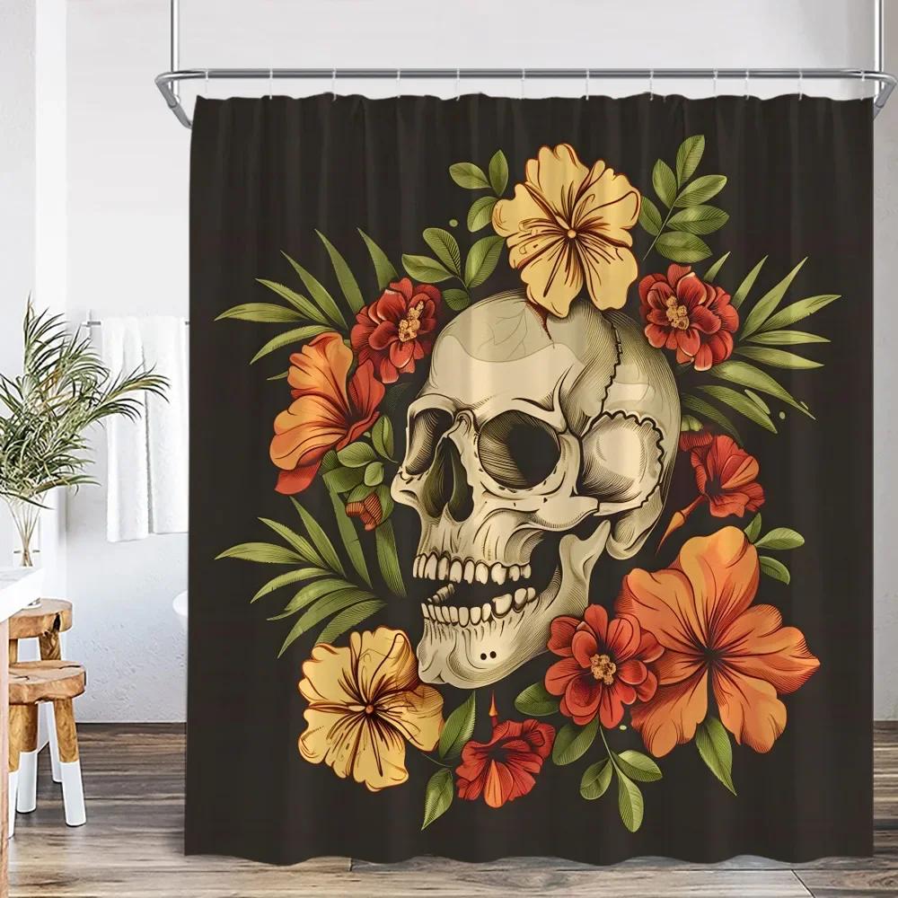 Bohemisk Dödskalle Blomma Duschdraperi Blomma Vintage Växt Blad Glad Halloween Badrumsdekoration Polyester Badkarsdraperi