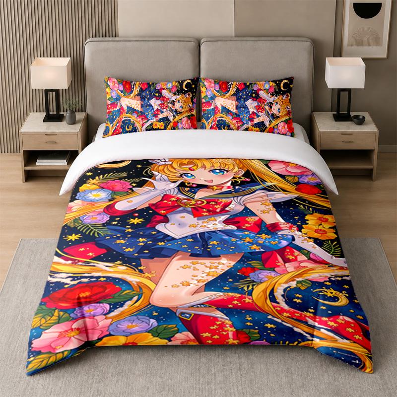 3-teiliges Bettwäsche-Set, Sailor Moon 1 Bettbezug und 2 Kissenbezüge, Bedruckte Bettwäsche-Dekoration für Gästezimmer
