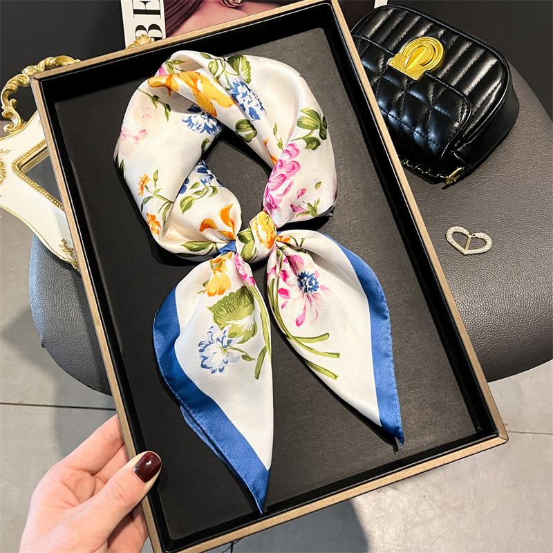 Flower Brocade Printing Simulation Silk Scarf Square Scarf High-End Shawl Versatile Neck Small Square Scarf Headscarf