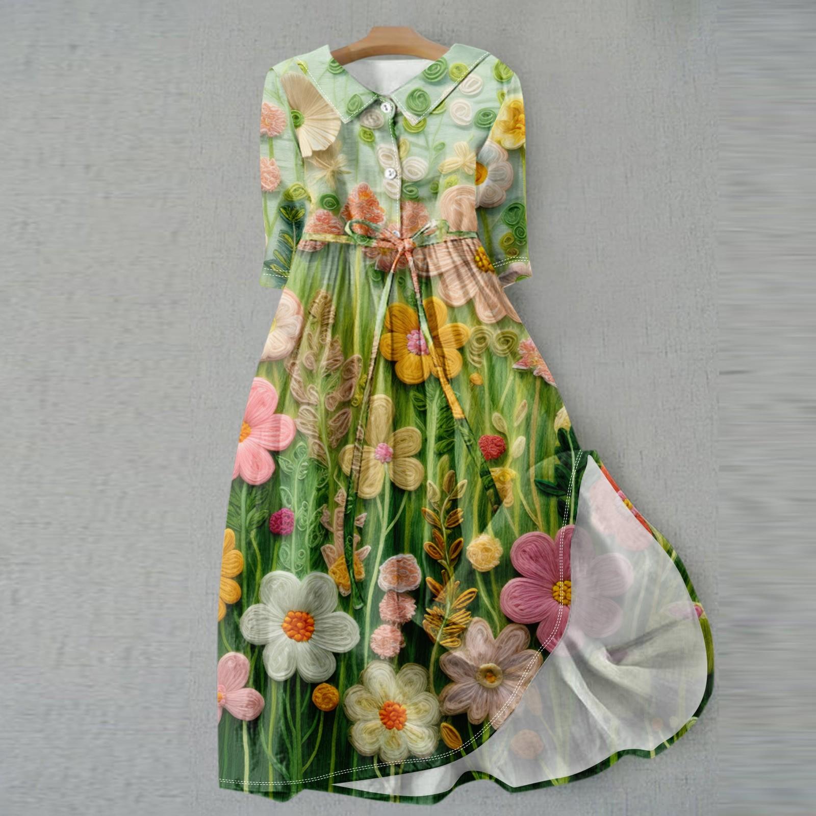 Женское модное платье с 3D-моделированием в стиле ретро с цветочным принтом и пуговицами — фото 12