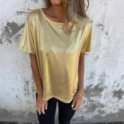 Sommeroberteil für Damen, Rundhalsausschnitt, kurze Ärmel, Pulloverbluse, glänzende Oberfläche, reine Farbe, dehnbares T-Shirt für den Alltag, Date-Party