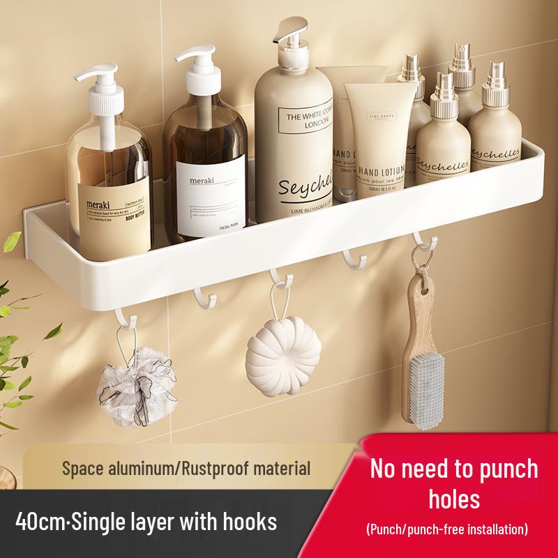 White No-Drill Wall-Mounted Bathroom Organizer and Vanity Shelf