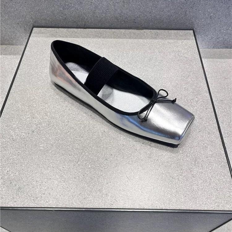 Sheepskin French Retro Square Head Flat Shoes Ballet Single Shoes Women's Word with Bow Light Mouth Mary Jane Shoes