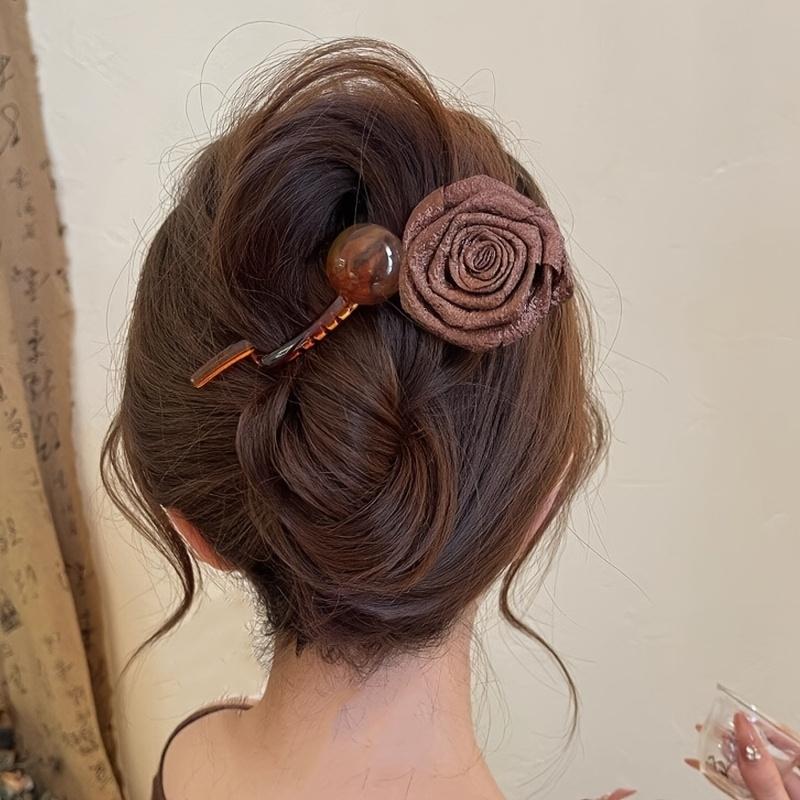 2pcs New Elegant Style Artificial Rose Flower Round Bead Hair Clips for Women, High-End Twist Claw Clip and Barrette Hair Accessories