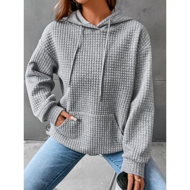 Fashion personality waffle round neck long-sleeved sweater women, autumn and winter loose and warm ladies pullover sweater hoodie comfortable