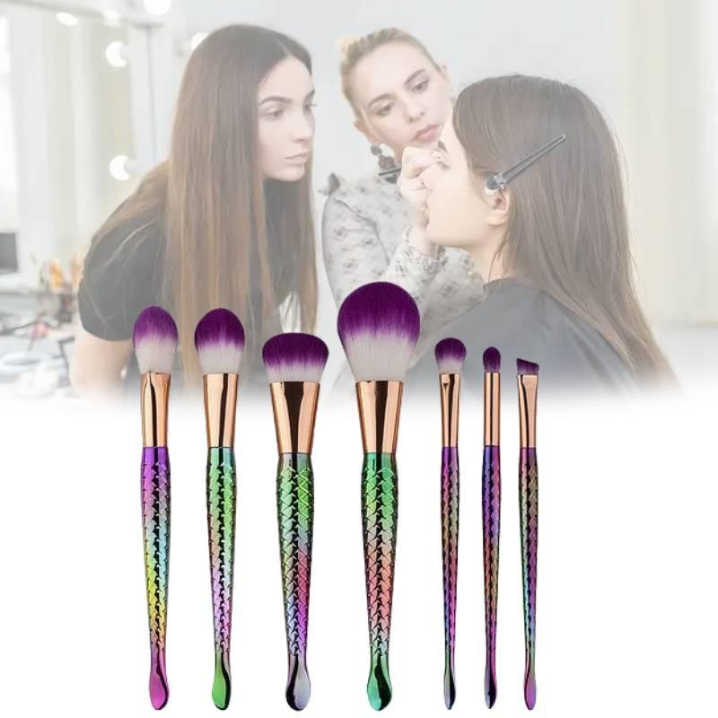 Gujhui Mermaid Makeup Brush Set 5 Pieces Nylon Brushes Long Handle Purple Hair Exquisite Design