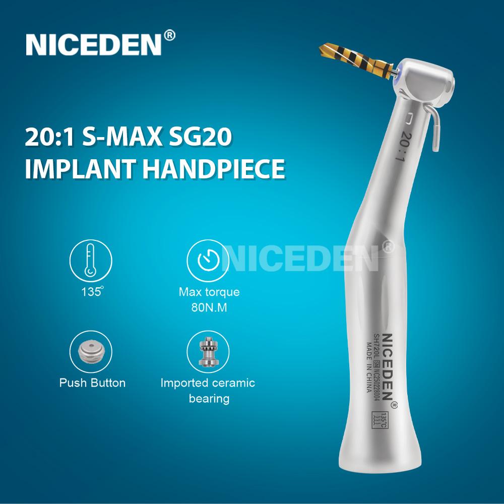 Niceden Dental 20:1 Implant Contra Angle Handpiece Surgery Shaft Drive Cartridge Low Speed Push Button Chuck Handpiece Dentist Tools