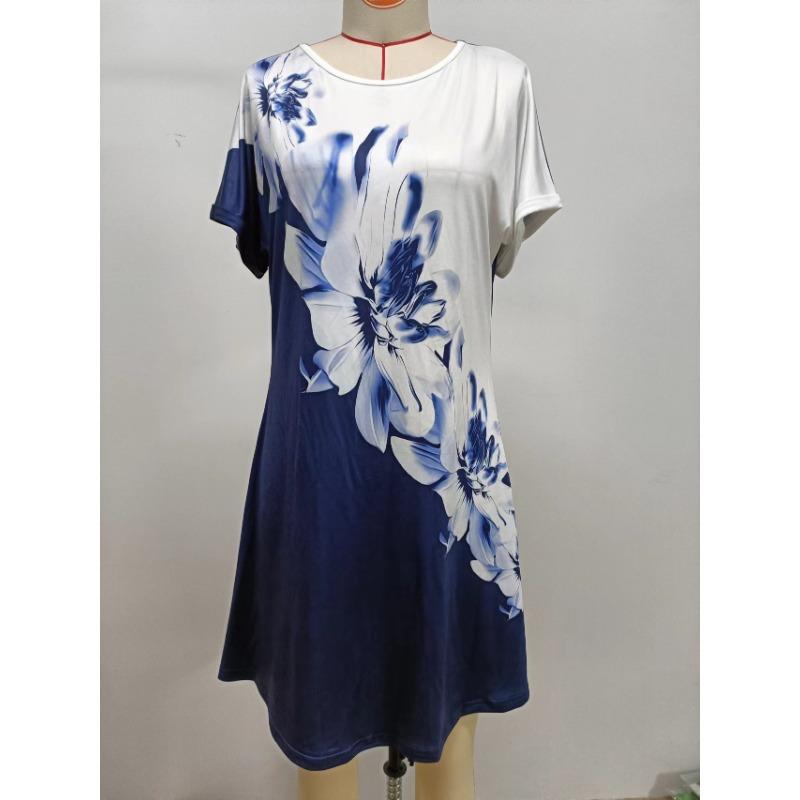 

Летнее женское платье-футболка со свободным подолом и круглым вырезом с 3D цветочным принтом XXL синий