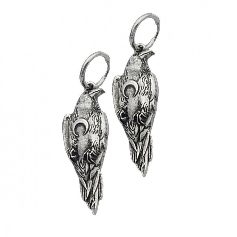 Vikingakråka Halsband & Silverörhängen Set - Nordisk Herrgåva, Hednisk Halvmåne Häxsmycken