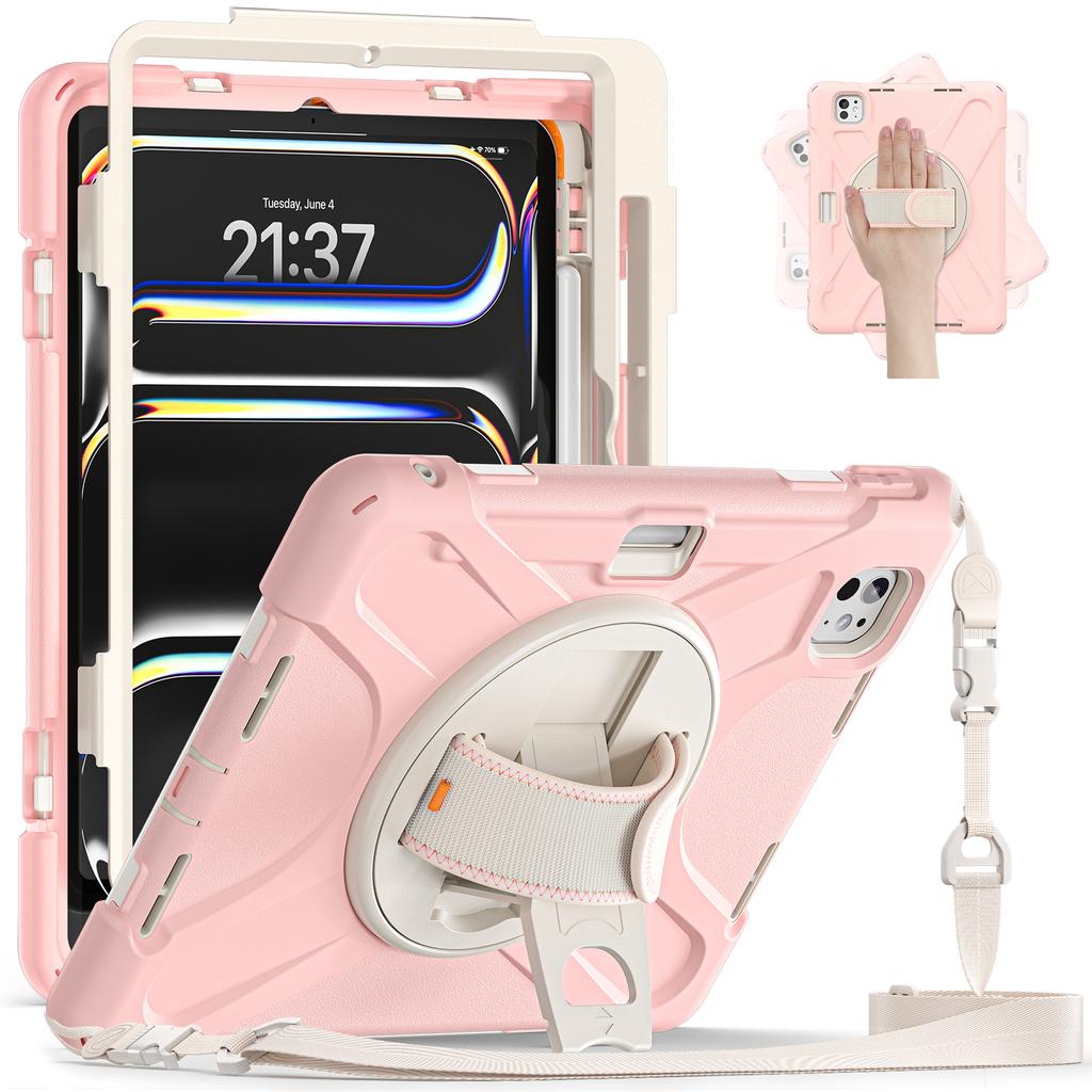 For iPad Pro 11 (2025)/11 (2024) Case PC+Silicone Kickstand Tablet Cover with Hand Strap and Shoulder Strap