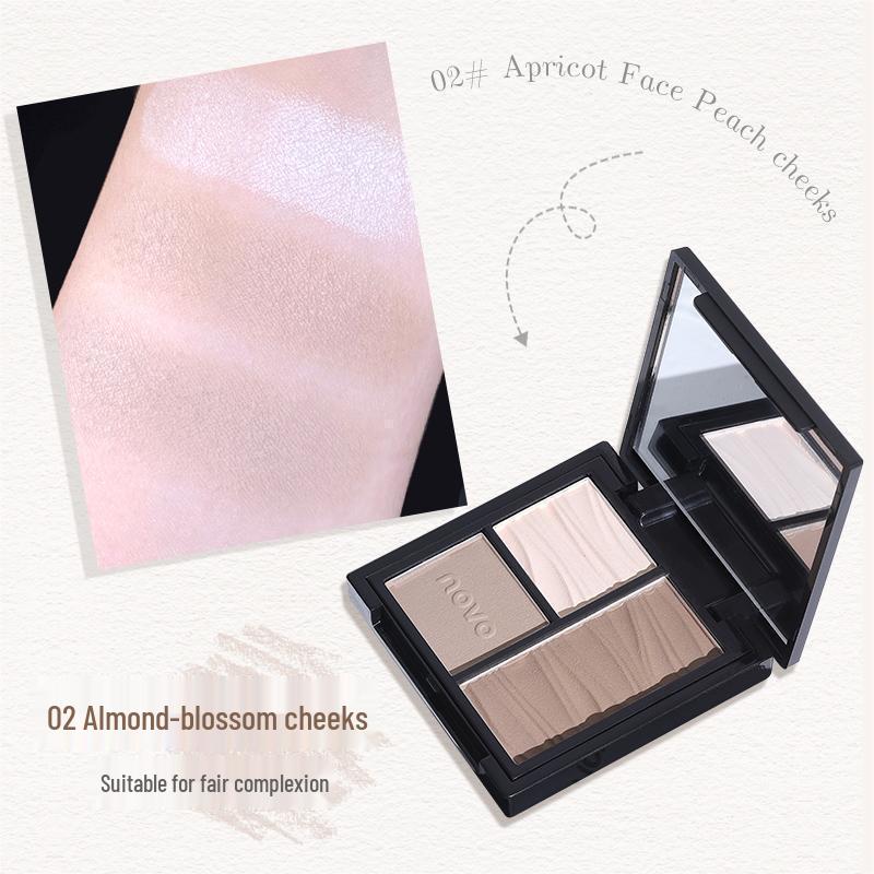 

Novo All-in-One Contour & Highlight Palette: Three-color blush, face highlight, and shadow for a three-dimensional matte and shimmer finish.