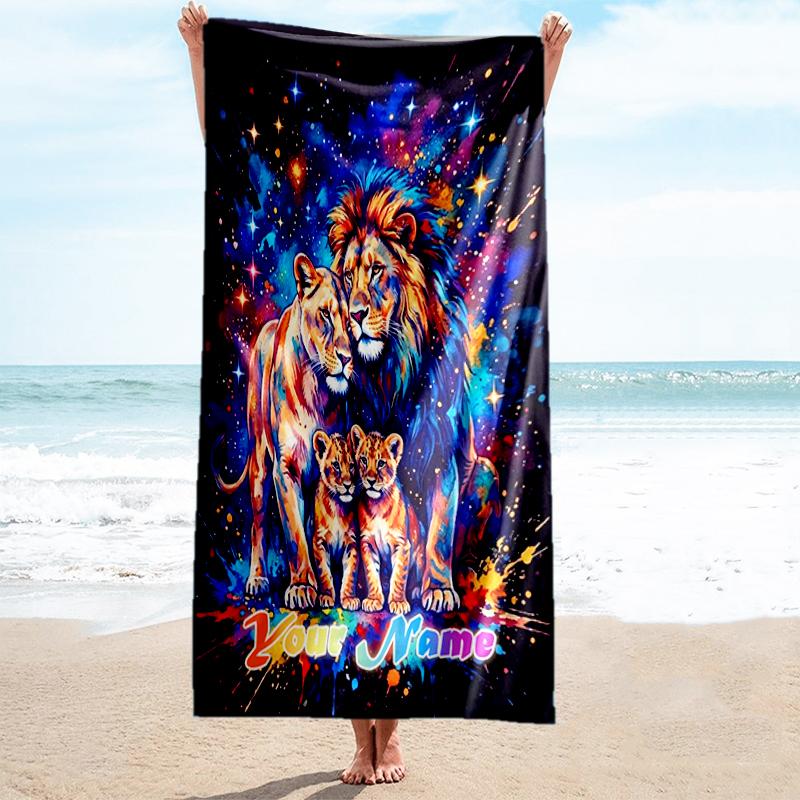 1PC Custom Name Lion Family Cosmic Art Beach Towel Highly Absorbent And Sand-Resistant Towel for Swimming, Pool, Yoga, And Travel Lightweight