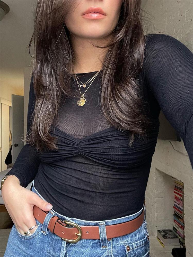 Tossy Mesh Sheer Off-Shoulder Top Shirt For Women New Long Sleeve See-Through Lace Knit Pullover Tops Summer Mesh Top Tee Shirt