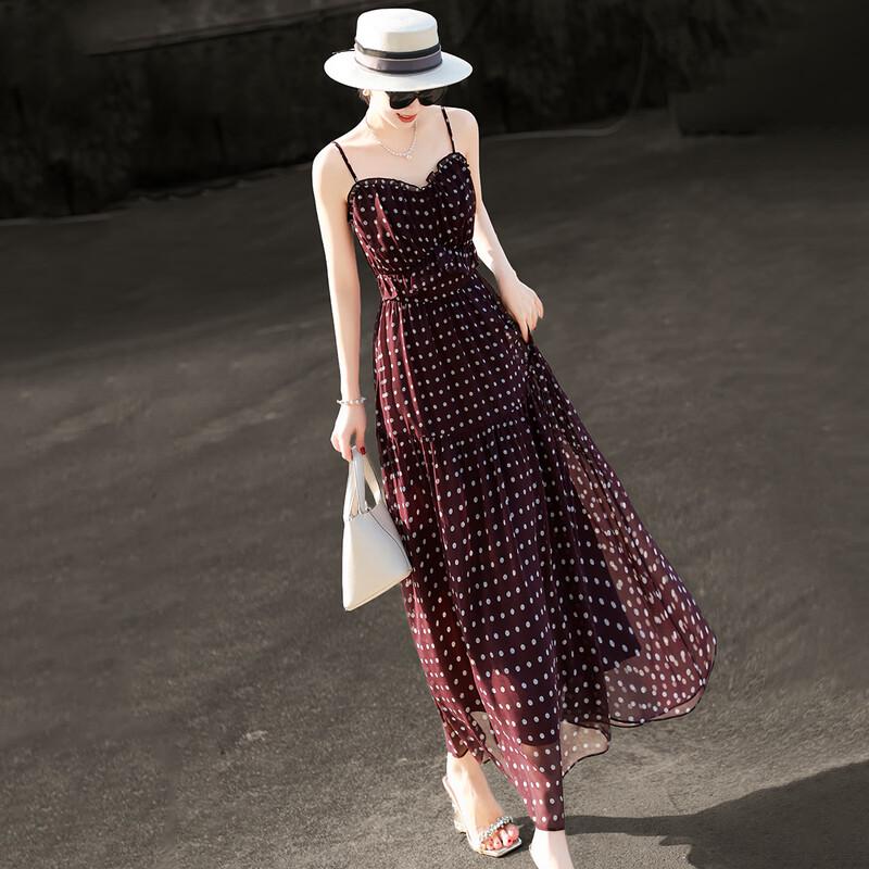 Elegant Polka Dot Spaghetti Strap Maxi Dress M фиолетовый