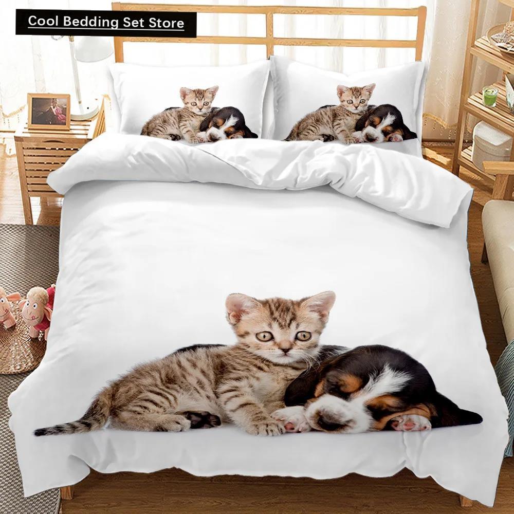 Cat Duvet Cover Cats and Dogs Play Christmas Animal Pet Bedding Set for Kids Teens Double Queen King Size Polyester Qulit Cover