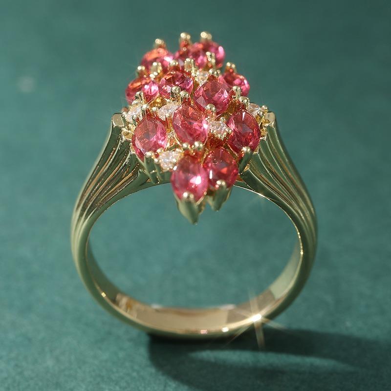 Dazzling Gold Color Inlaid White Red CZ Women's Ring Geometry Hollow Daily Wear Party Jewelry