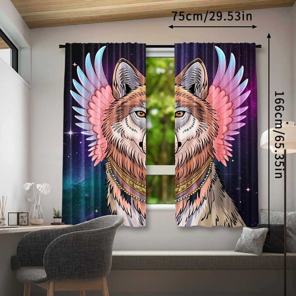 2pcs Fantasy Wolf Curtains   Starry Sky Print   Semi-Sheer Polyester   Machine Washable   Rod Pocket   Woven Decorative Light Filteri