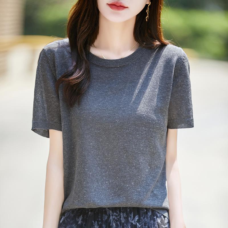 Women's V-Neck Lyocell Linen Knit T-Shirt - Spring/Summer 2026