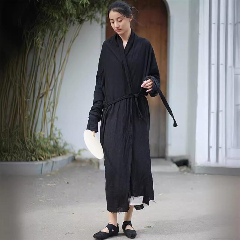 Johnature Dámské jednobarevné šaty s volným dlouhým rukávem v čínském stylu