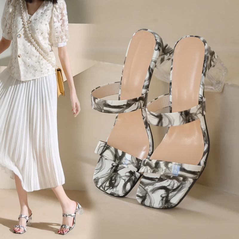 Fashion NEW Fashion Print Women Slippers Outside Transparent High Heels Slip On Sandals Women Summer Square Toe sandalias de mujer