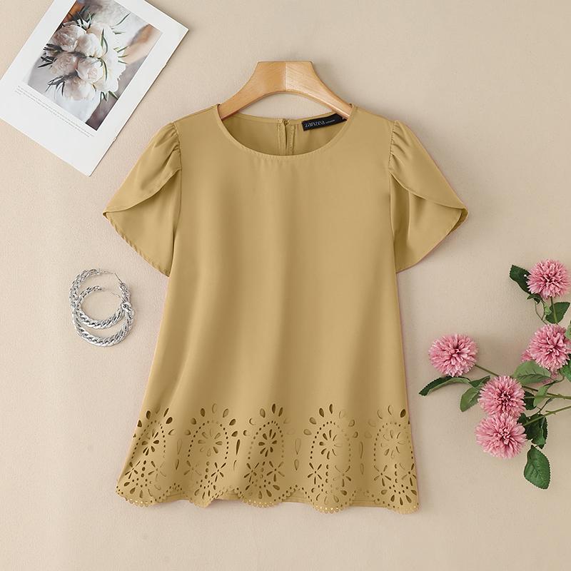 

ZANZEA Женская повседневная летняя блузка с круглым вырезом и коротким рукавом 2XL хаки