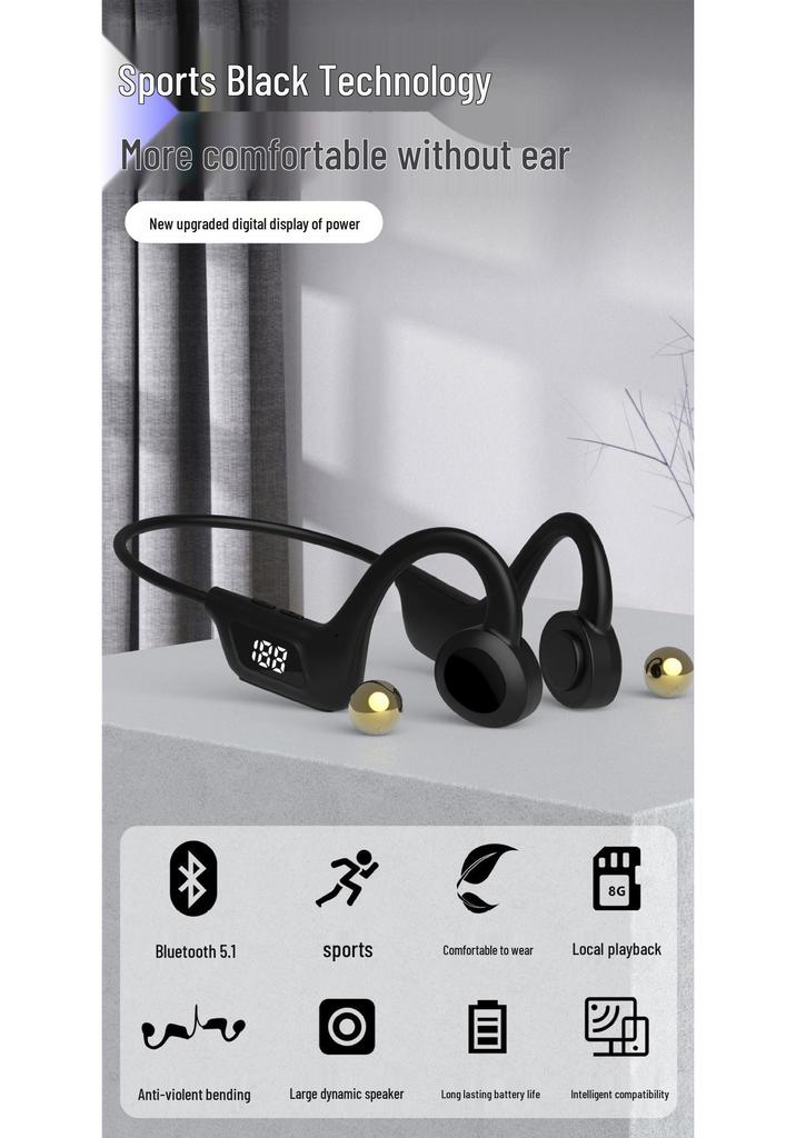 Top-Selling Bone Conduction Sports Bluetooth Earphones with Ear-Hook, Air Conduction, Deep Bass, Digital Display, and MP3 Memory Card Slot
