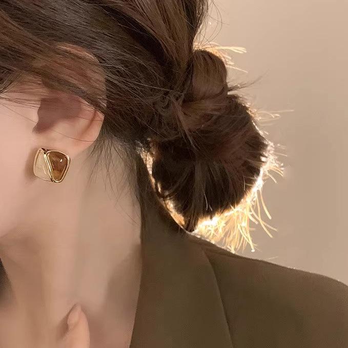Autumn Winter 2025 High-End Maillard Color Block Coffee Ear Clips and Stud Earrings for Women