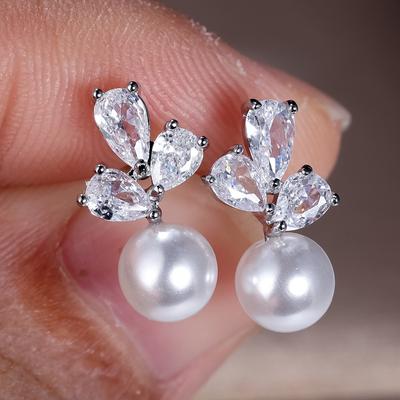 Korea Imitation Pearl Leaf Stud Earrings for Women White Waterdrop Zircon Earrings Wedding Dinner Party Jewelry