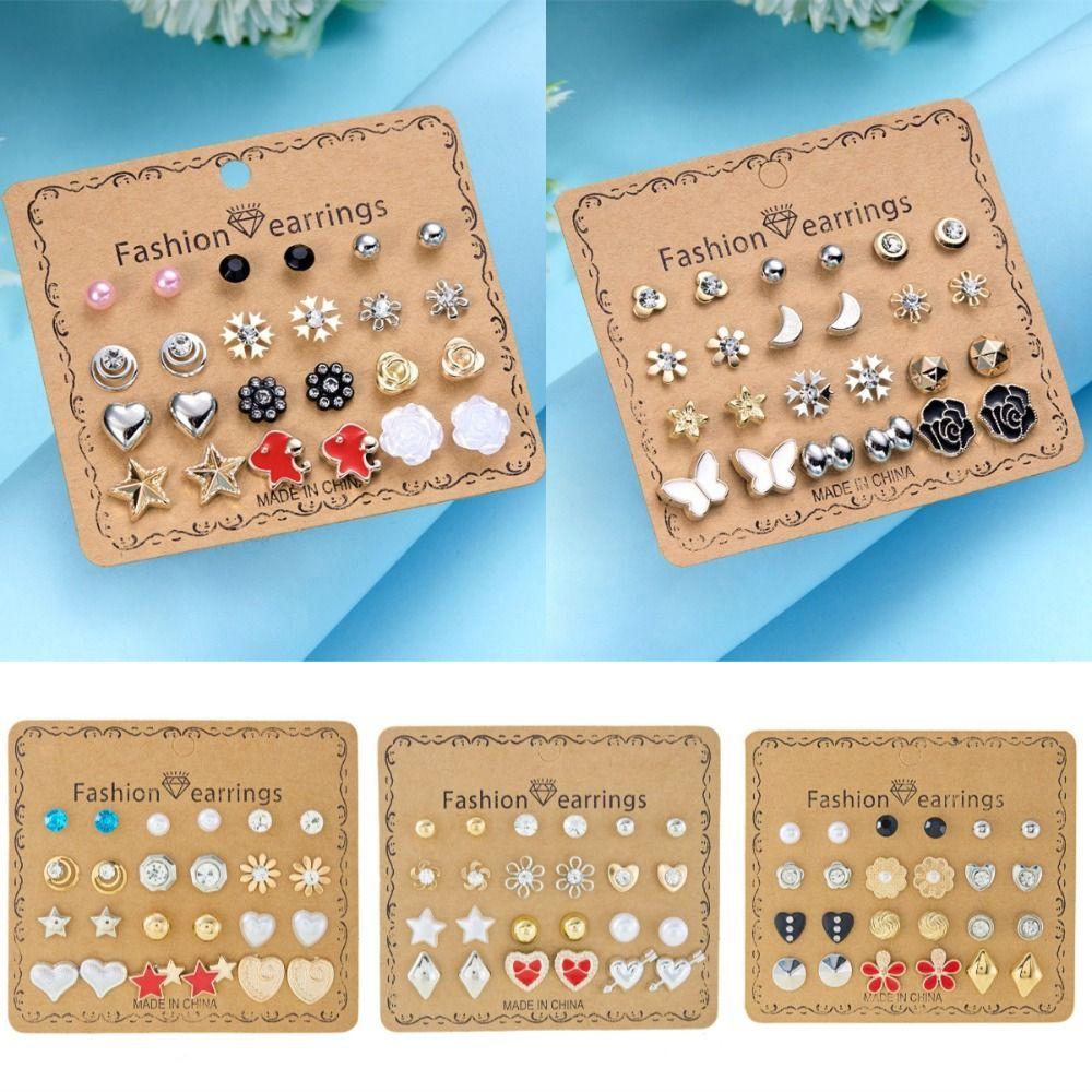 12 Pairs Colorful Combination Stud Earrings Mini Earring Set Metal Crystal Bead Ear Studs  Women