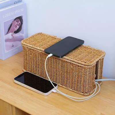 Caja organizadora de cables de mimbre sintético, enchufe cargador para escritorio de oficina, contenedor de almacenamiento de cables de red, caja de almacenamiento de cables de alimentación