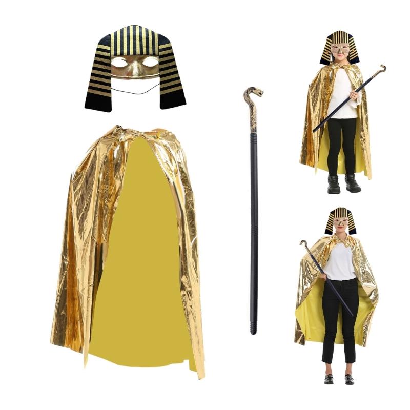 Egyptian Costume Accessories Golden Cape Cloak Egyptian Mask Venetians Mask Halloween Cosplay Costume for Kids Adults