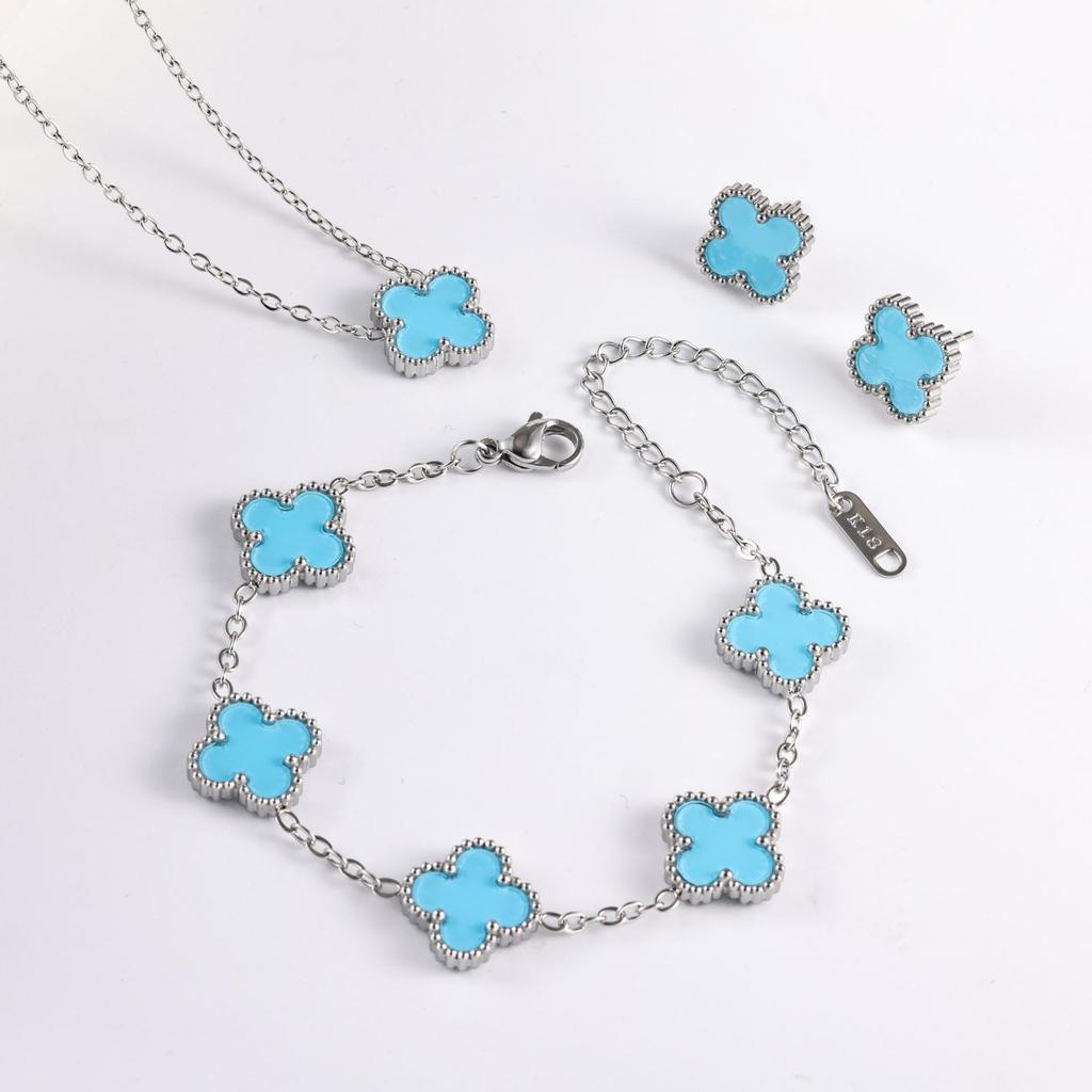 3PCS Four Leaf Clover Non fading Light Luxury Necklace Bracelet Earnail Set 13MM