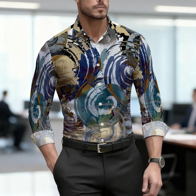 Men's Shirt with Geometric Block Print, Slim Fit, Business Commuting Long Sleeved Shirt, Spring and Autumn Trendy Casual Top