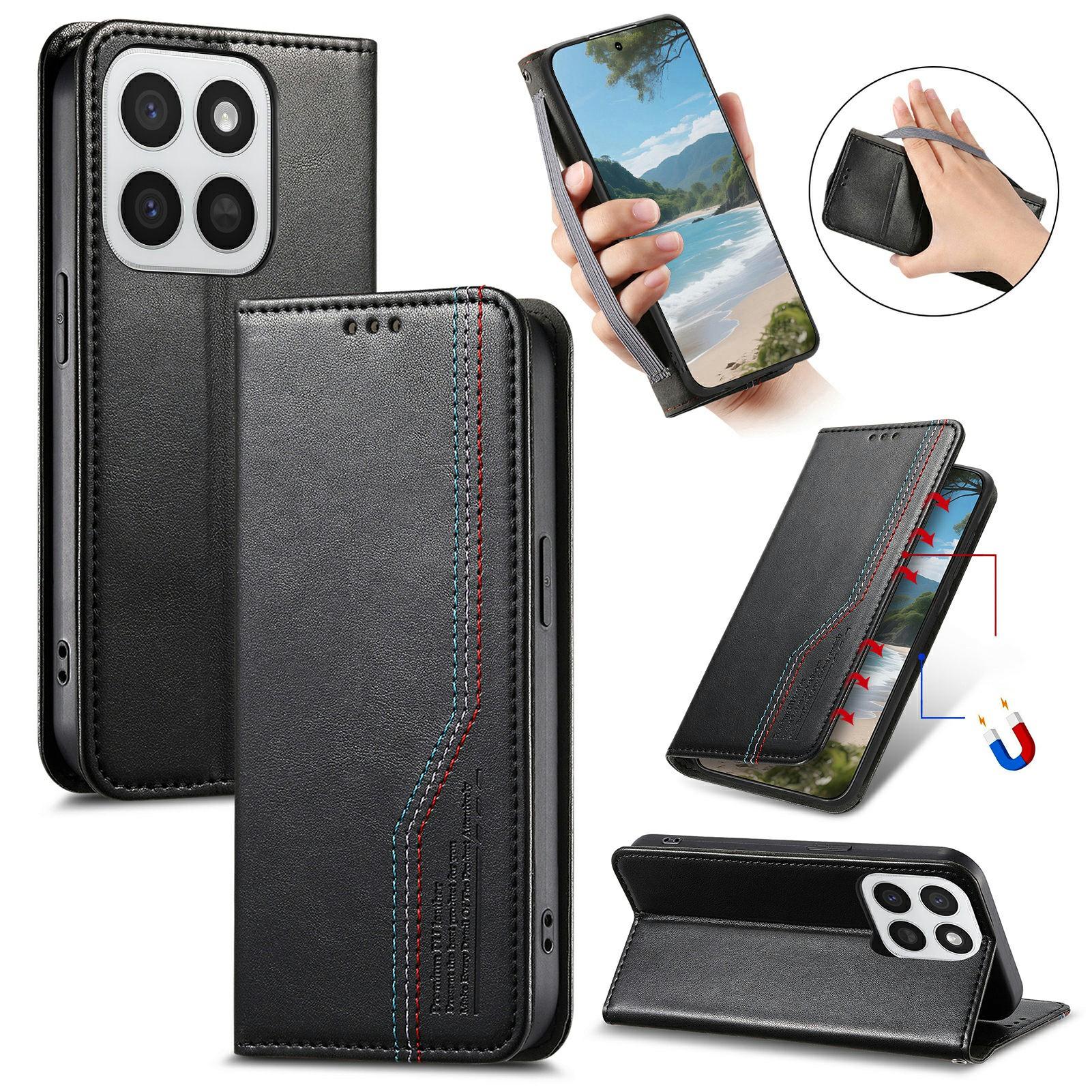 

Phone Case For Honor 400 Smart 5G/400 Smart 4G/X7d 4G/X7d 5G Wallet Tri-Color Stitching Leather Phone Cover with Elastic Wristband