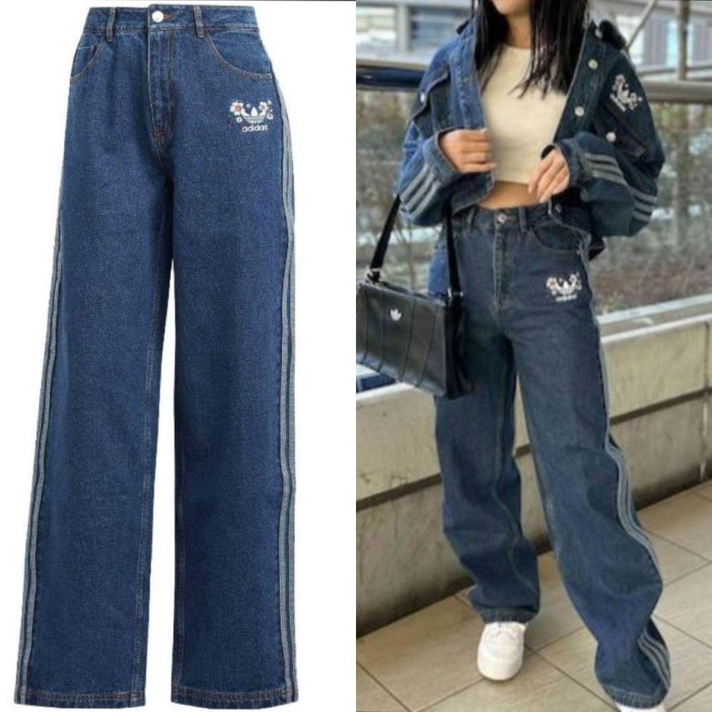 [USED] Extremely Rare, Sold-out Adidas Three Stripes Denim Pants, Navy Blue Sky Blue, Light Blue, Size S