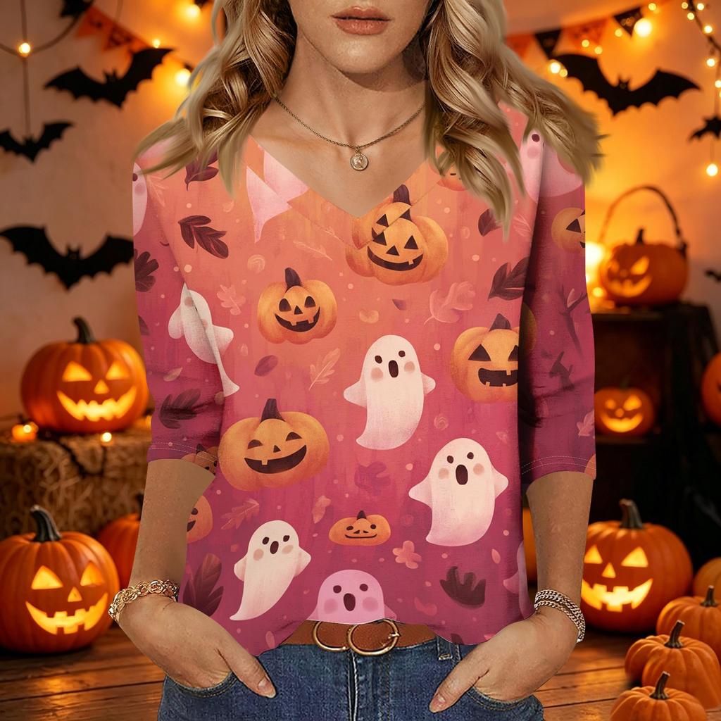 Womens Casual Halloween Print V Neck Three Quarter Sleeve Top Lightweight Stretchy Blouse for Fall Seasonal Wear