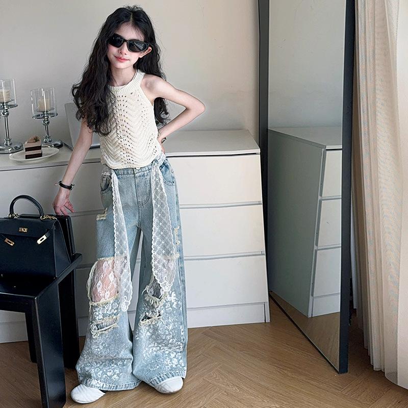 

Детские стильные уличные джинсы Y2k для девочки, джинсовые брюки на шнурке с кружевом, детская мода, хип-хоп, рваные джинсы, брюки с дырами 120