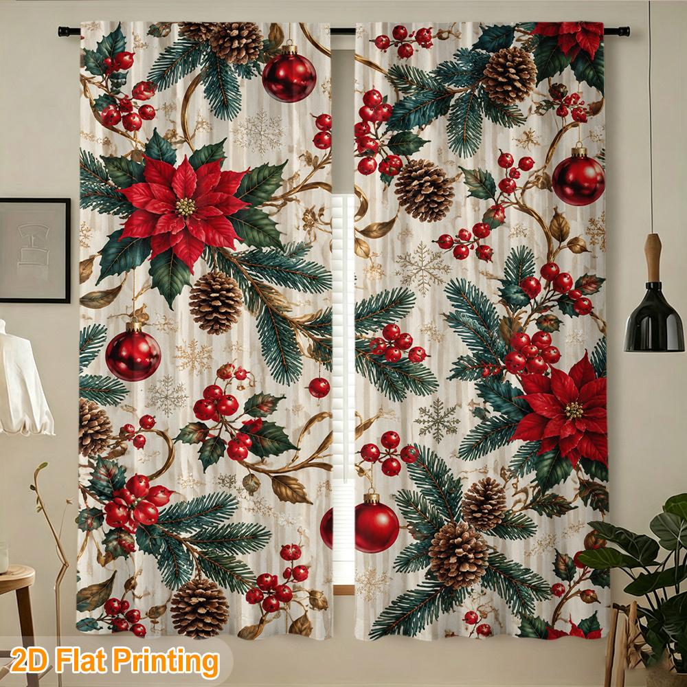 2pcs Rod Pocket Curtain with Christmas Poinsettia Pine Berries Print, Stylish Window Drapes for Home Decor Living Room Bedroom