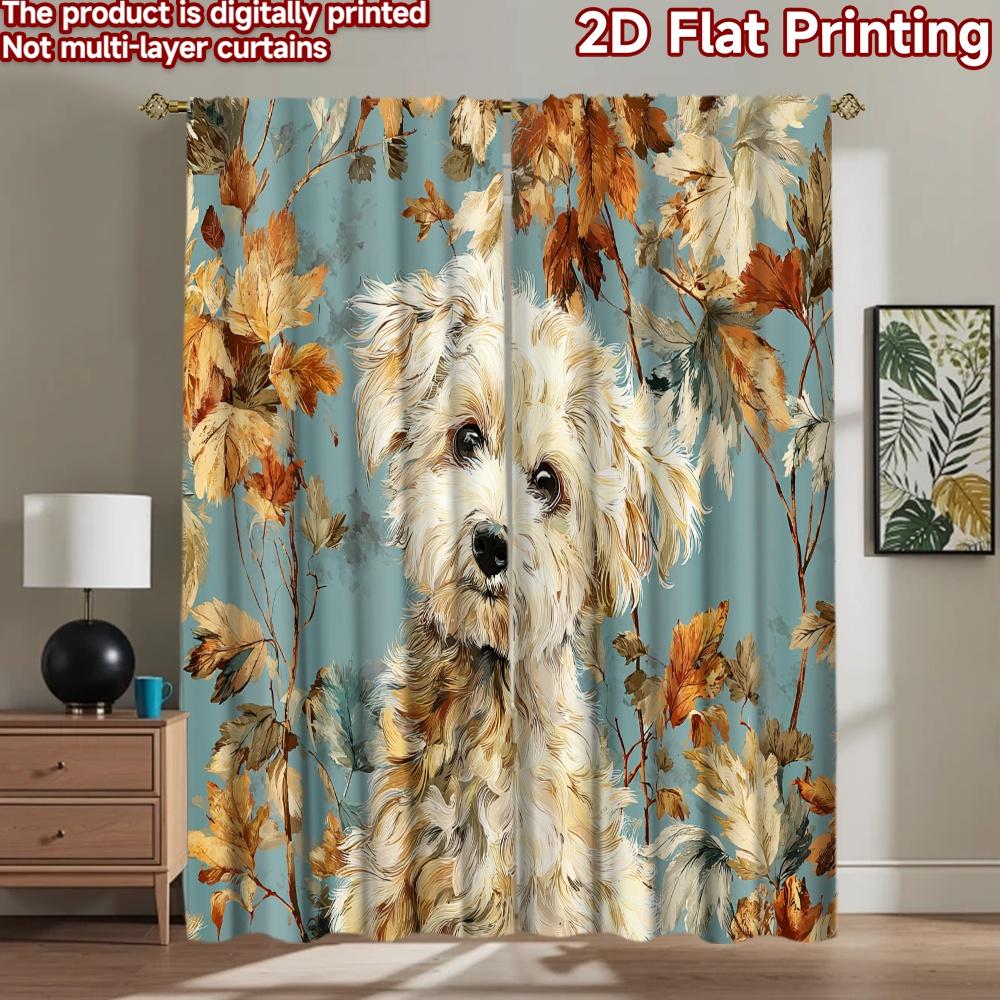 2D flat printing 2pcs Party Curtains Cute Dog Autumn Leaves Digital Printed Polyester Drapes Seasonal Party & Holiday Decor Use