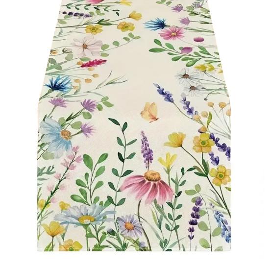 Jarní květinový běhoun s kvetoucími květinami, stolní prádlo, tulipán, pratelný ubrus pro domácí, farmářské, večeře, dekorace