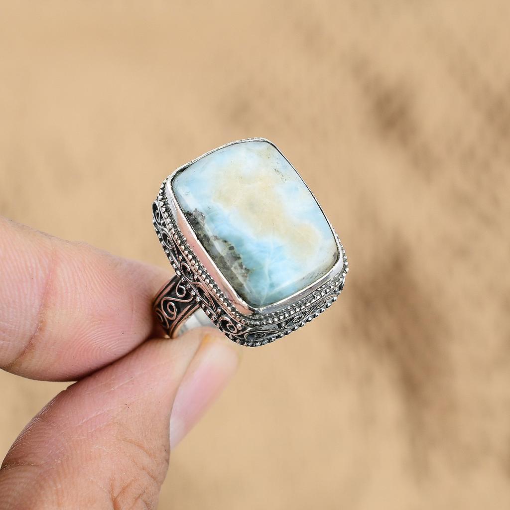 925 Sterling Silver Larimar Stone Wife Promise Vintage Statement Ring Size 8.25