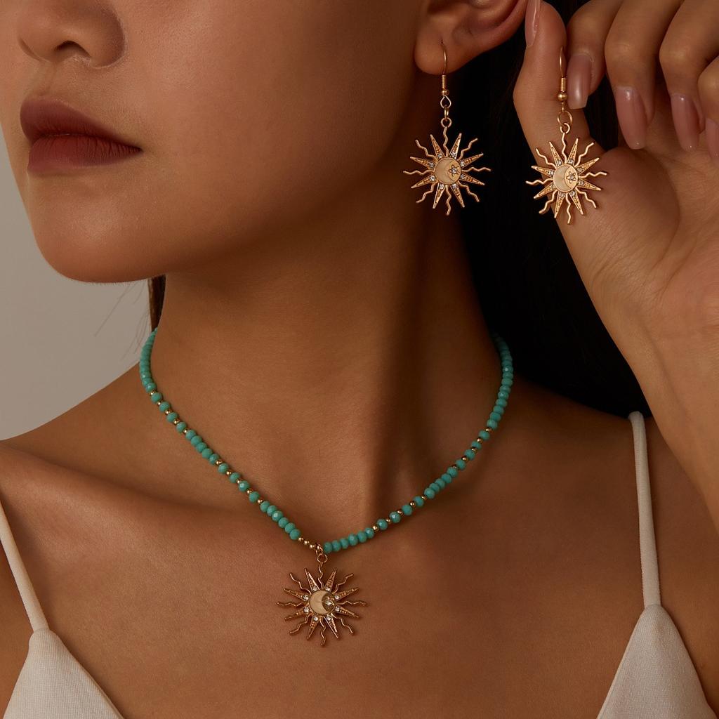 European and American fashion versatile casual star and moon sun earrings imitation crystal beaded chain necklace jewelry set women